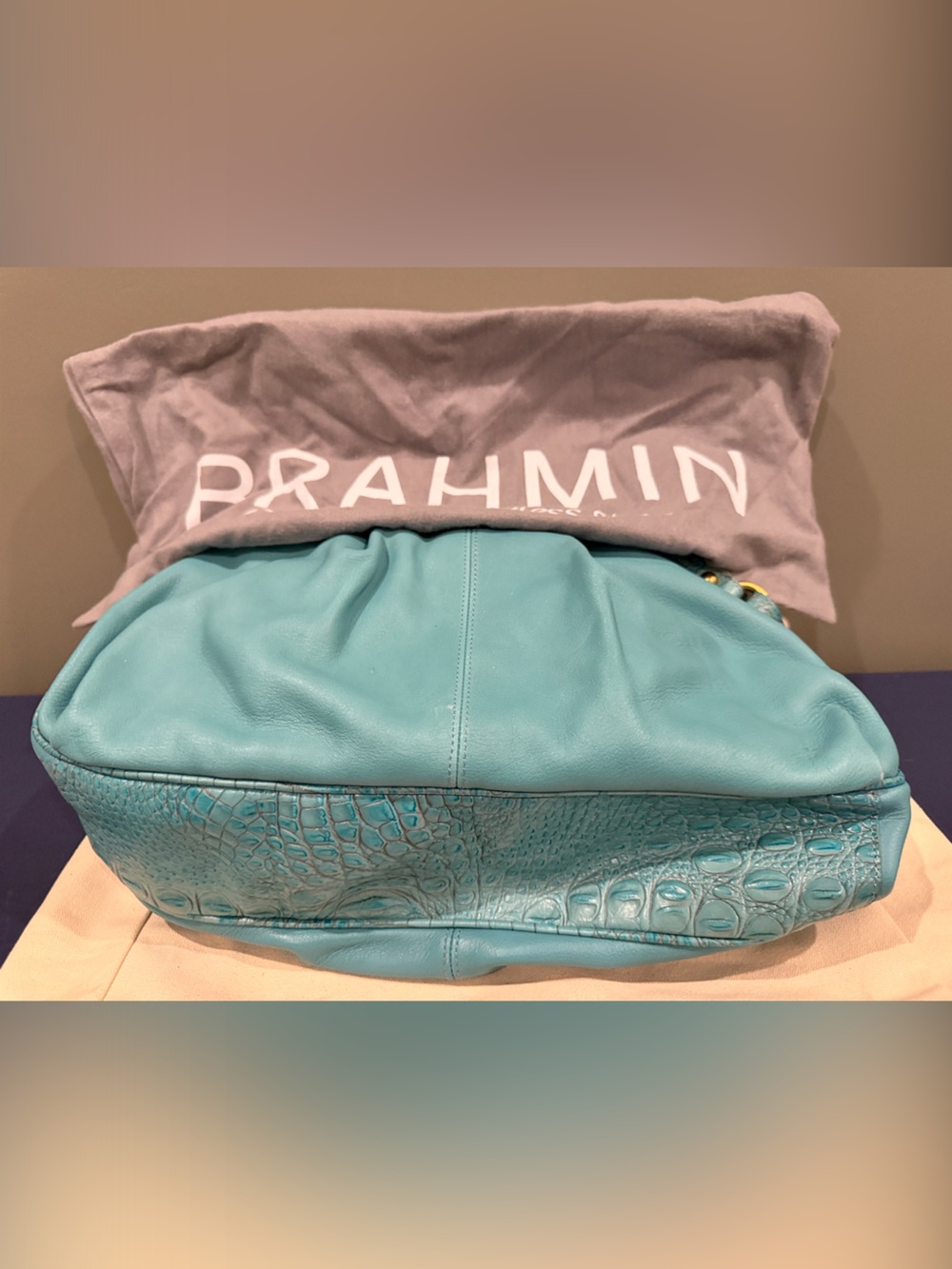 Brahmin Turquoise Leather Tote with Gold Hardware - Picture 3 of 7